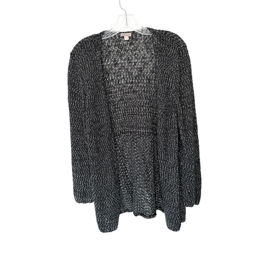 J. Jill Black White Open Knit Long Sleeve Lagenlook‎ Relaxed Cardigan Medium